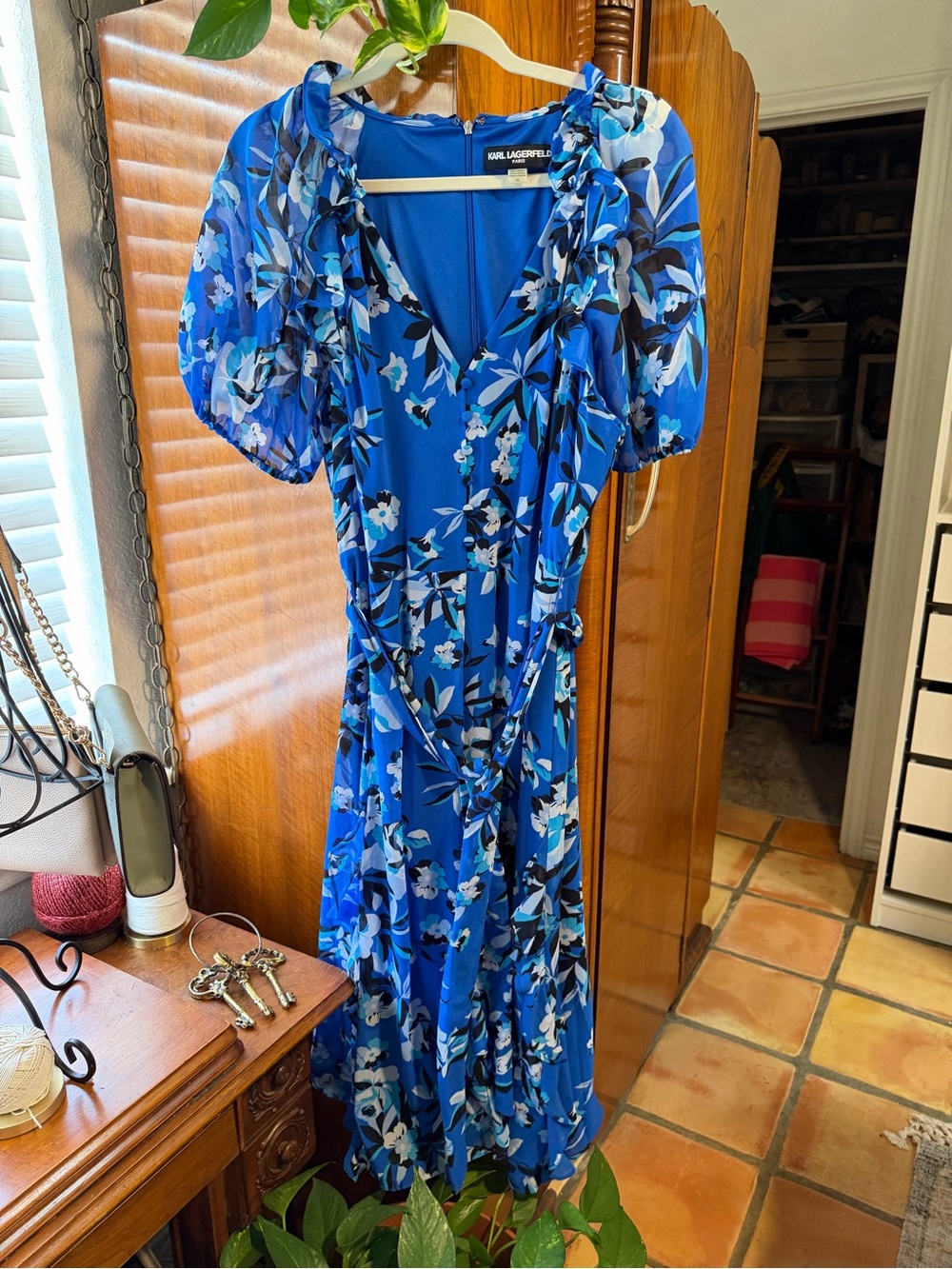 Karl Lagerfeld Paris Blue Floral Chiffon Ruffle Maxi Dress Size 16